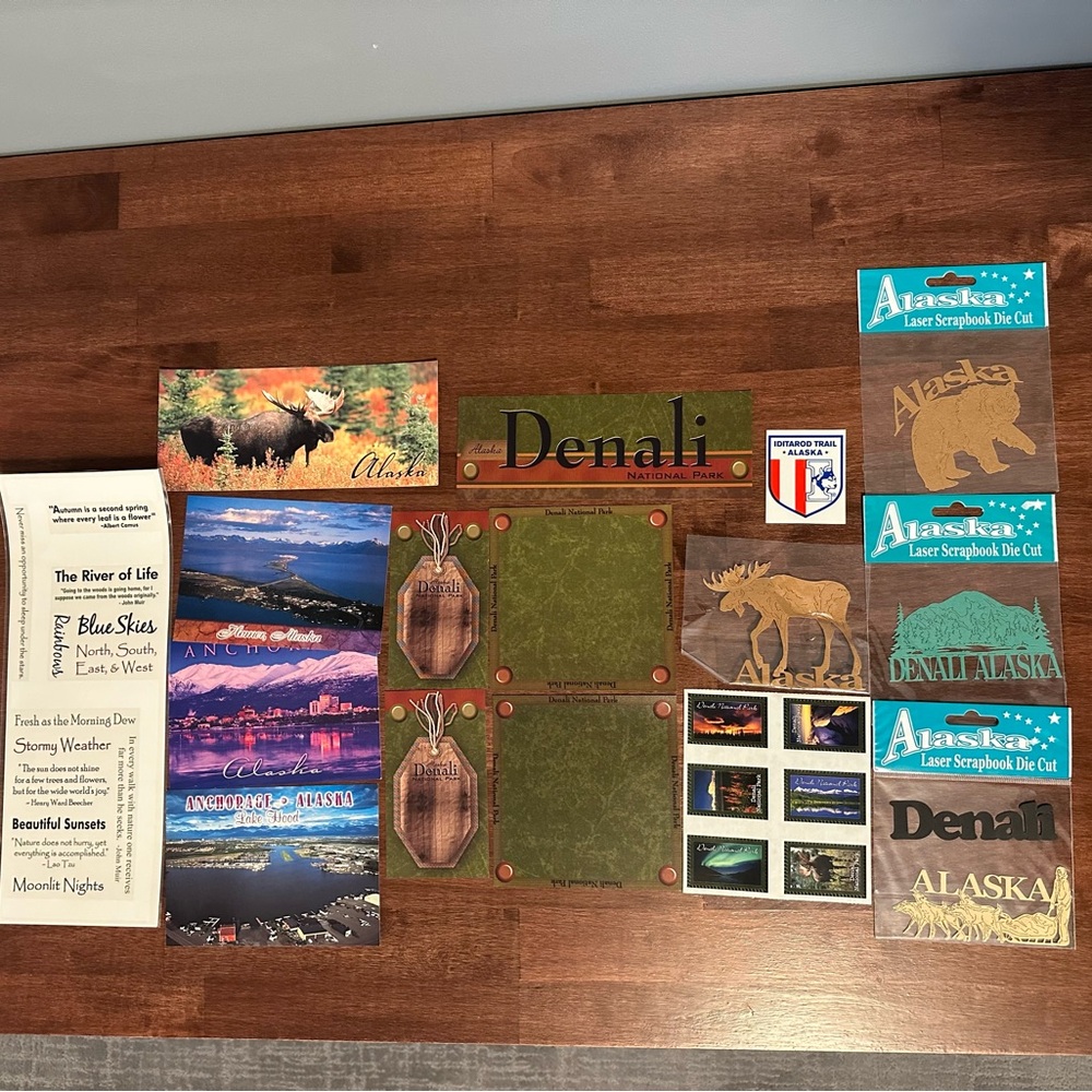 Alaska stickers, card stock, postcards, etc. for scrapbooking or card-making.
